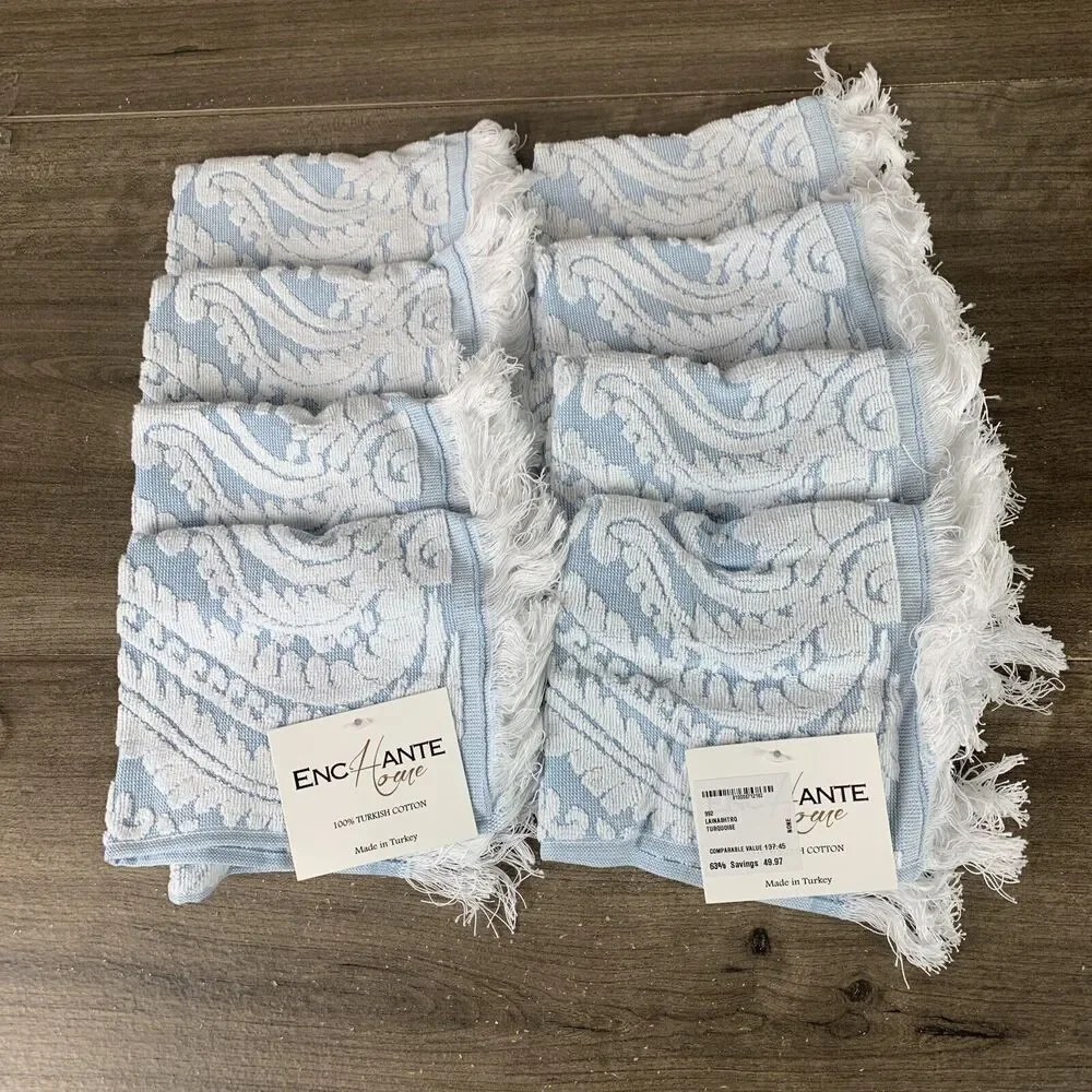 Enchante Home Fine Turkish Cotton 8-Pc. Laina White Turquoise Wash Cloth 12x12